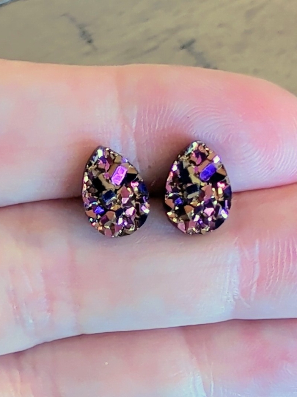 Purple Teardrop Druzy Stud Earrings